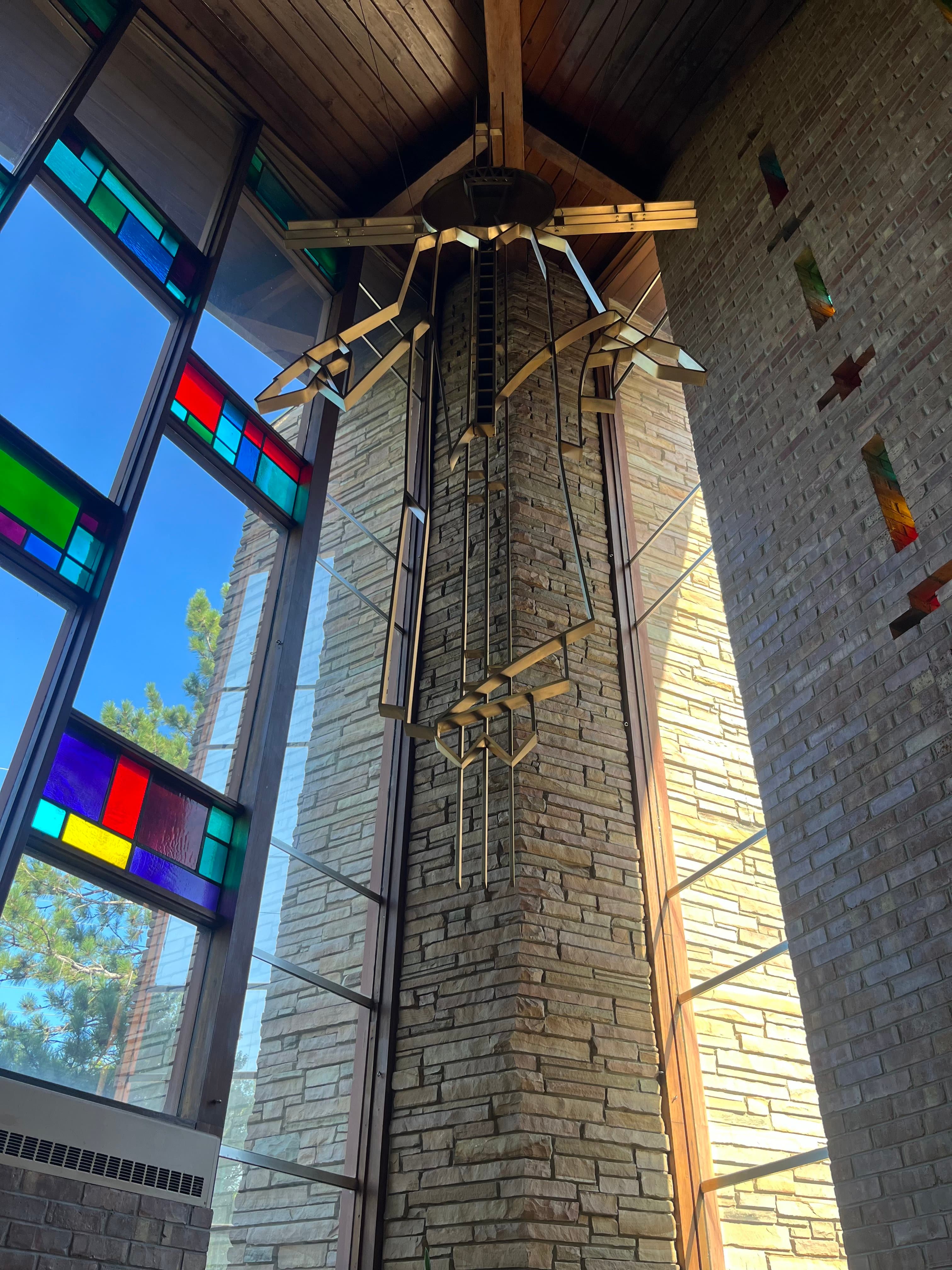 Bell tower at Grace Lutheran Church with stained glass